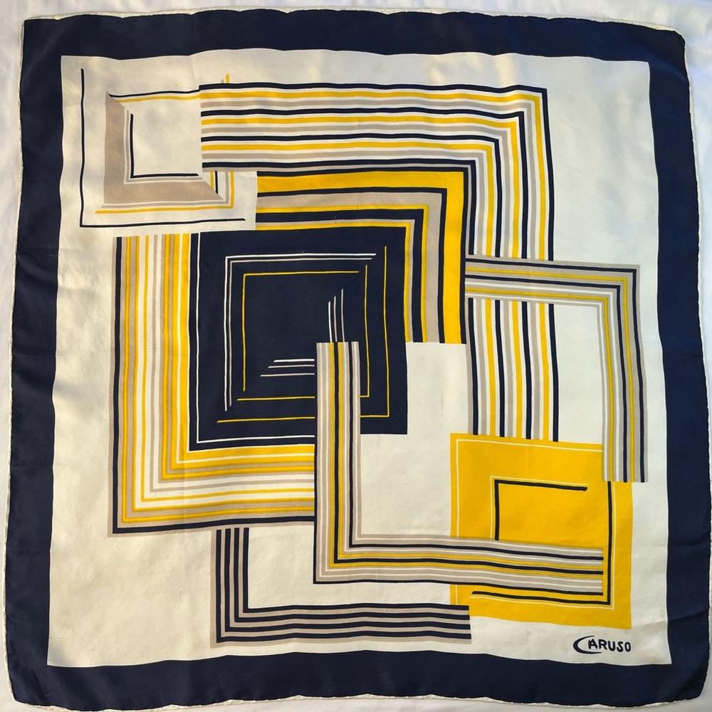 Vintage Caruso silk Scarf Navy Yellow White hand rolled MCM 30” x 30”